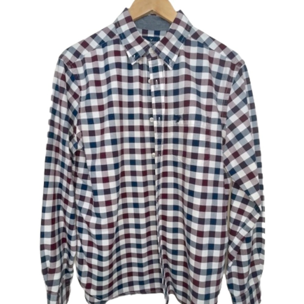American Eagle Outfitters Burgundy Navy Gingham Long Sleeve Button Down
